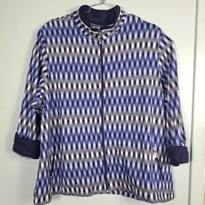 Alia Zip Front Knit Jacket 3X Blue White Toggles Pockets Vintage